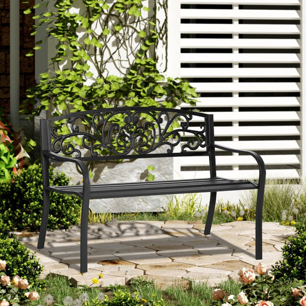 English Elm Outsunny 50" Elegant Metal Garden Bench With Floral-Scroll Backrest For Patios, Yards & Parks W2225P217571-GIGA