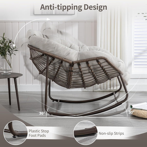 English Elm Outdoor Oversized Papasan Rocking Chair Antique Grey — Extra Wide 6" Cushion, Breathable Rattan Comfort W349P271998