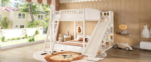 English Elm Full Size Kids Loft Bed Pine Frame Upholstered Headboard Built in Slide and Storage Shelves Beige W1580S00305