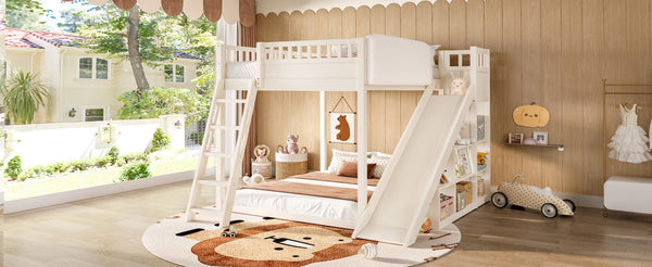 English Elm Full Size Kids Loft Bed Pine Frame Upholstered Headboard Built in Slide and Storage Shelves Beige W1580S00305