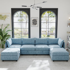 English Elm Modular Sectional Sofa with Under Seat Storage Converts to Sleeper for Living Room Antique Blue W680S00142