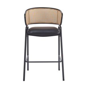 English Elm Christopher Knight Home® - Ethan Metal Upholstered Barstool Set of 2 — Faux Leather Cushions, Woven Rattan Back, Sleek Black Frame N775P290455B