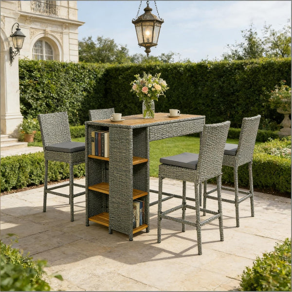 English Elm Garden Dialogue Acacia and Wicker Outdoor Bar Set with Four Tucking Barstools Gray,Natural Wood T3971S00204
