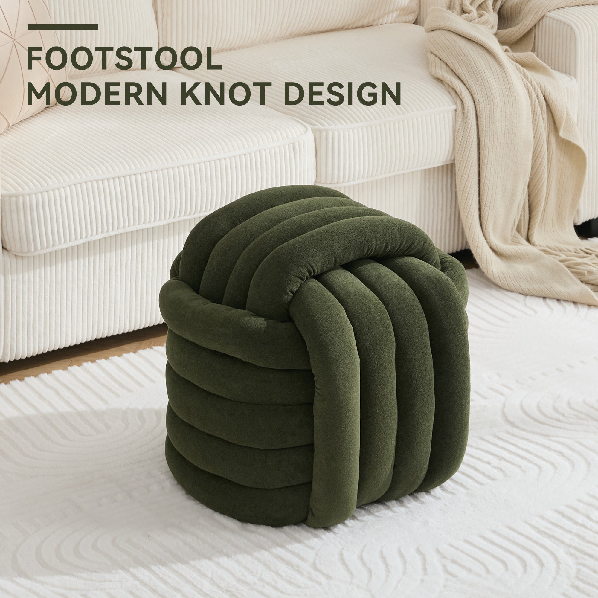 060-Chenille Plush Knot Ottoman Stool With Foam Fill & Wooden Frame