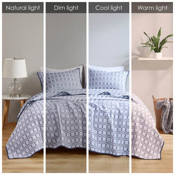 JLA Home Madison Park - 3 Piece Reversible Matelasse Coverlet Set – Lightweight Checked Texture, Machine Washable, Year-Round Layering Indigo MP13-8310