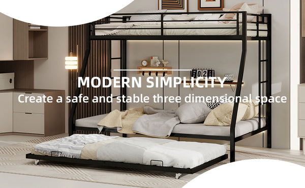 English Elm High Stability Square Tube Bunk Bed With Rolling Trundle & Ladder - Modern Black Design For Space-Saving W1935P360871