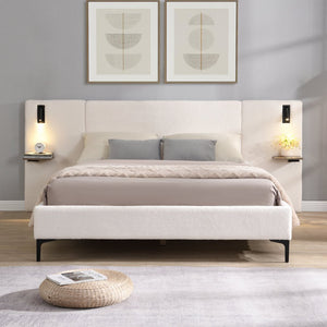 English Elm Christopher Knight Home® - Chic Boucle Upholstered Bed With Integrated Lighting & Shelves, Modern White Design, Queen Size N769P264793Q