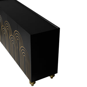 English Elm Modern Fluted Four Door Sideboard Matte Black Glam Cabinet with Gold Accent Feet W1445P256479