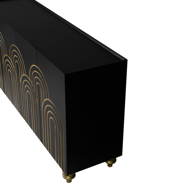 English Elm Modern Fluted Four Door Sideboard Matte Black Glam Cabinet with Gold Accent Feet W1445P256479