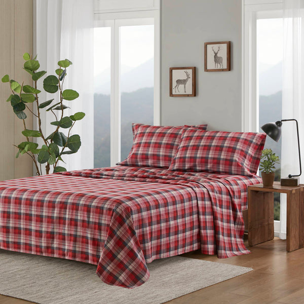 English Elm 3 Pcs Twin Sheet Set - Cozy Red Plaid Cotton Flannel For Warmth, Comfort, And Timeless Style B035P319781