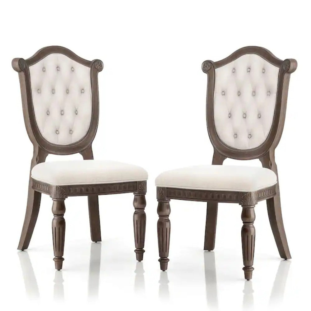 English Elm Rustic 2Pc Side Chair Set - Diamond Tufted Back, Fluted Legs, Weathered Oak & Beige For Dining Elegance B2741P406976-GIGA