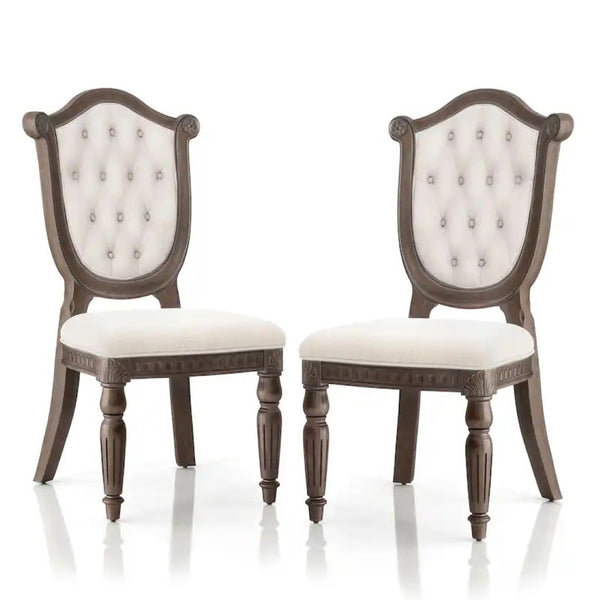 English Elm Rustic 2Pc Side Chair Set - Diamond Tufted Back, Fluted Legs, Weathered Oak & Beige For Dining Elegance B2741P406976-GIGA