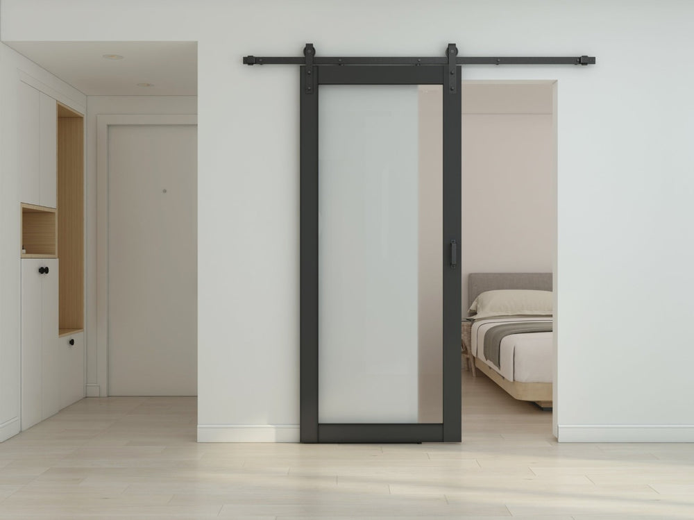 English Elm 30 in Matte Black Steel Sliding Barn Door Frosted Glass Privacy Panel with Hardware B2763P483231