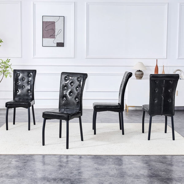 English Elm A Set of 2 Crystal Button Faux Leather Dining Chairs with Embossed Croc Texture Black W3226P344029