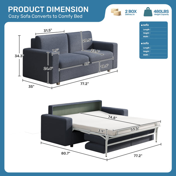 English Elm Pull Out Sofa Bed Full Size Sleeper Sofa with Memory Foam Dual-Layer Mattress, Space-Saving Loveseat DARK GREY W3795P357849