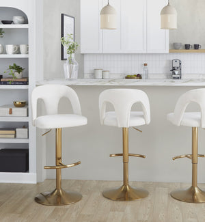 English Elm Adjustable Swivel Barstools Set of 2 White Fabric Padded Seats Chrome Base B202S01950