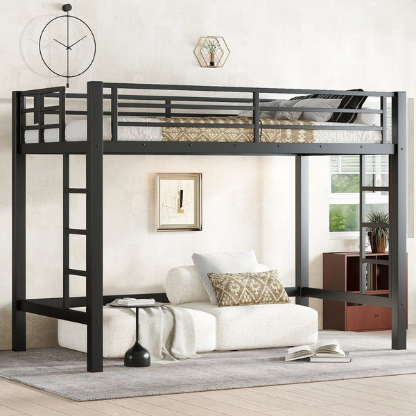English Elm Twin Metal Loft Bed Twin XL Black - Sturdy Minimalist Bunk with Ladder, Guardrails & Underbed Storage Space W1580P370677