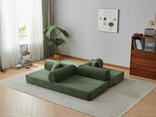 English Elm 78.8" Corduroy Modular Floor Sofa Convertible Sleeper Futon with Pillow Back Support Army Green W5617P455966