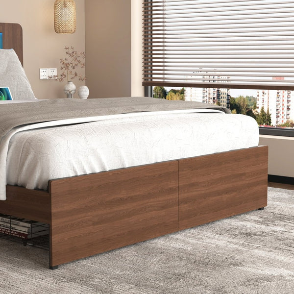 English Elm Wooden Queen Platform Bed Farmhouse Bookcase Headboard Led Storage Drawers Charging Hub W2129P390129