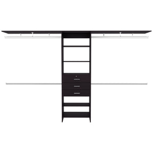 English Elm Plego Adjustable 69"-118" W Closet System in Black Wengue with 5 Shelves, 4 Rods & 3 Drawers - Sleek Storage Solution B070S00360