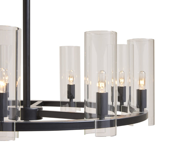 Sunpan CLARABELLE Chandelier - Elegant Black Metal Wheel Design with Clear Glass Shades for Warm Glow 107927