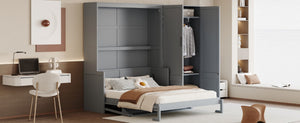 English Elm Queen Murphy Bed with Wardrobe Cabinet Hydraulic Lift Mdf Space Saving Wall Unit Gray LP000581AAE-1
