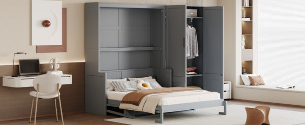 English Elm Queen Murphy Bed with Wardrobe Cabinet Hydraulic Lift Mdf Space Saving Wall Unit Gray LP000581AAE-1