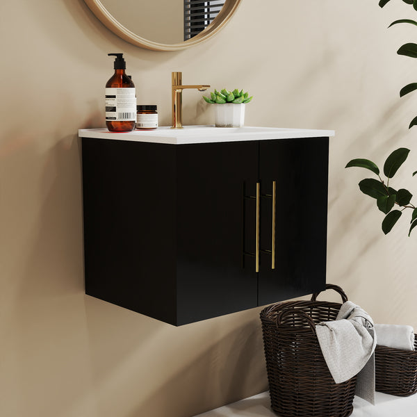 English Elm 24-Inch Wall-Mounted Bathroom Vanity With Gold Accents, Soft-Close Doors & Ample Storage Space W3151S00034