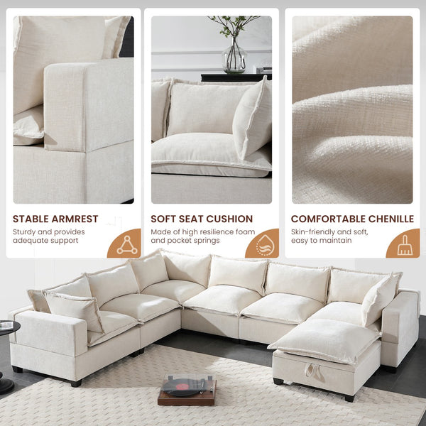 English Elm 118'' Modular Sectional Sofa with Movable Storage Ottoman, 7-Seat U-Shaped Chenille Couch for Cozy Living Off White N723S8893A