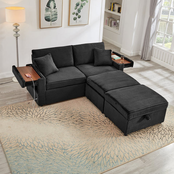 English Elm Comfortable Plush Corduroy Sofa with Hidden Storage Ottoman, USB Charging and Lift-Up Tabletop Black W3705S00010