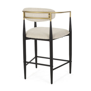 English Elm Counter Stools Set of Two Matte Black Iron Frames Gold Trim Upholstered Seats N771P249370A