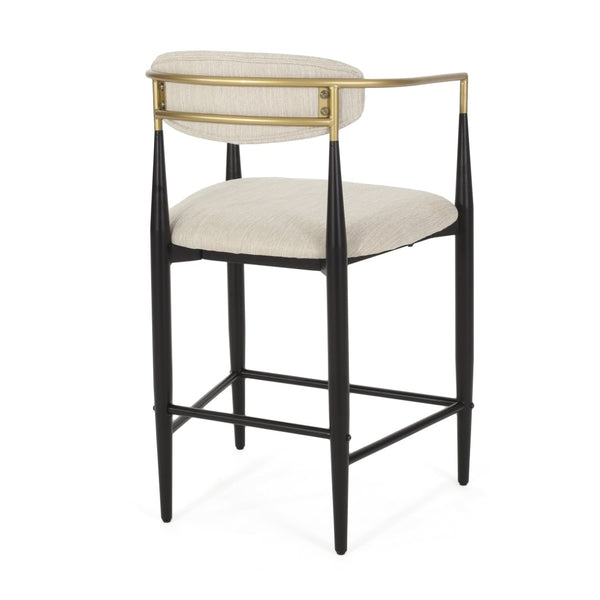 English Elm Counter Stools Set of Two Matte Black Iron Frames Gold Trim Upholstered Seats N771P249370A