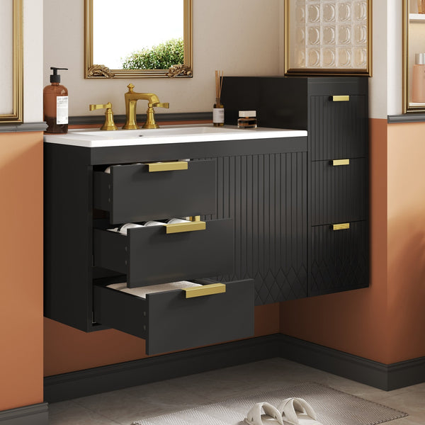 English Elm 30" Bathroom Vanity with Sink — Wall-Mounted Ceramic Basin, Soft-Close Storage, Floating Modern Design Black N710S324096B