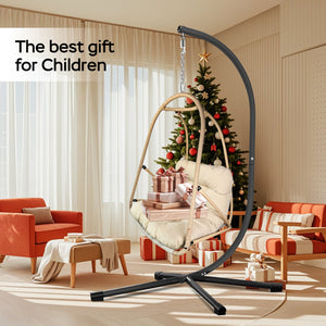 English Elm Swing Egg Chair with Stand - Foldable Rattan Hanging Basket Seat, Cushioned Comfort, Cup Holder Beige+Brown W2707P388617