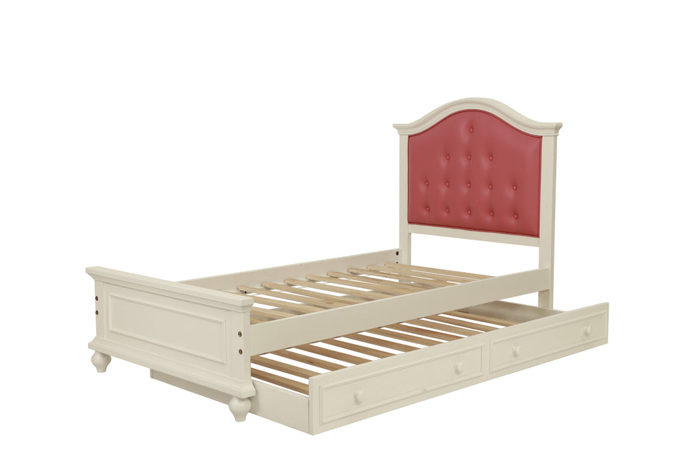 English Elm Contemporary Twin Bed with Trundle and Tufted Upholstered Headboard, Sturdy Slats, Kids Bedroom Furniture Pink,White 83 L x 12 W x 9 H B011S02033