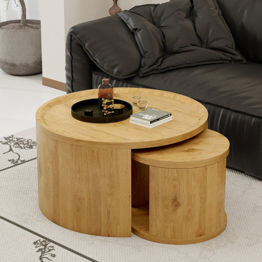 English Elm Round Nesting Coffee Tables with Wood Grain Tops Minimalist Set for Living Room W1727S00091
