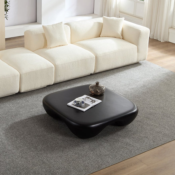 English Elm Modern Faux Travertine Coffee Table with Fiberglass Strength, Piano Finish, Sculptural Round Base, 42.9" Black W2085P359732