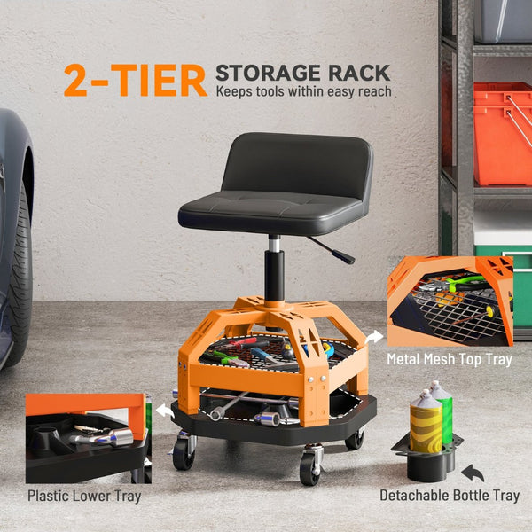 English Elm Adjustable Rolling Garage Stool with Lumbar Support Dual Storage Trays and Swivel Casters T3971P412514