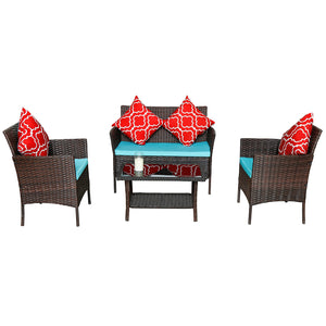 English Elm Four-Piece Outdoor Rattan Sofa Set With Emerald Green Cushions & Stylish Glass Table For Patios W3152P269438