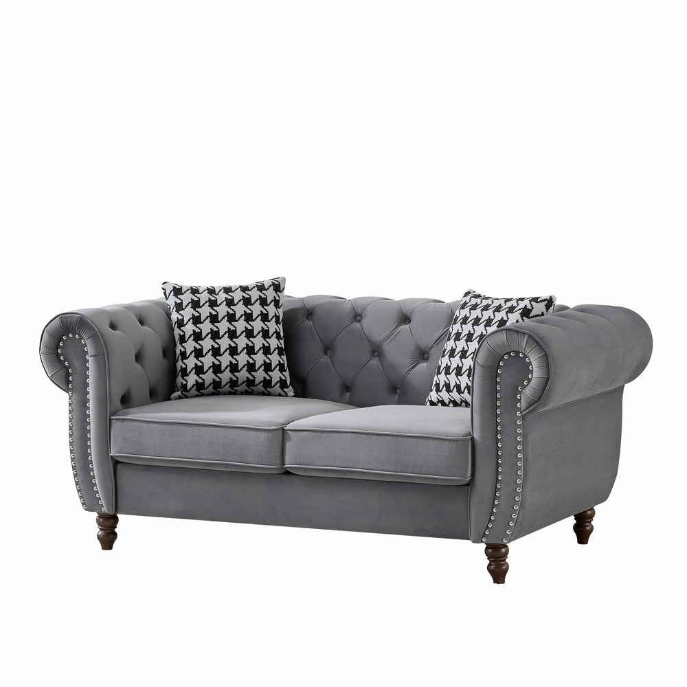 English Elm 67"Chesterfield Velvet 2-Seater Sofa with Nailhead Trim, Roll Arms, Hardwood Frame, Luxurious Comfort Grey W3373S00012