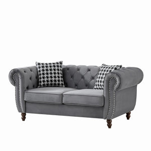 English Elm 67"Chesterfield Velvet 2-Seater Sofa with Nailhead Trim, Roll Arms, Hardwood Frame, Luxurious Comfort Grey W3373S00012