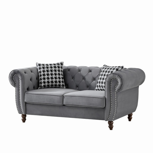 English Elm 67"Chesterfield Velvet 2-Seater Sofa with Nailhead Trim, Roll Arms, Hardwood Frame, Luxurious Comfort Grey W3373S00012