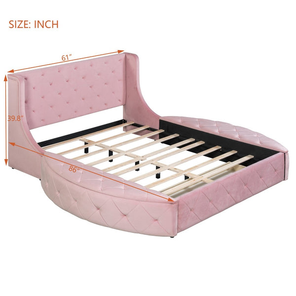 English Elm Upholstered Queen Platform Bed Velvet Wingback Frame with Storage Drawer and Side Stools Pink LP200815AAH