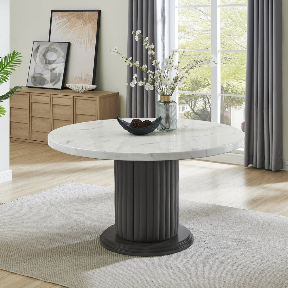 English Elm Venezia Round Faux Marble Pedestal Dining Table Seats Six with Upholstered Column B2749S00276