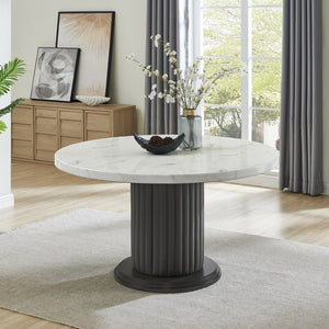 English Elm Venezia Seven Piece Round Faux Marble Dining Set with Sculptural Pedestal and Fabric Chairs B2749S00330