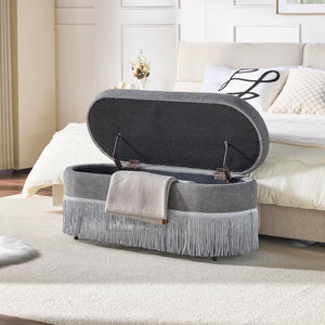 English Elm Oval Fringe Trim Upholstered Lift Top Storage Ottoman Stylish Footrest for Any Room Grey W5501P462408