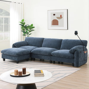 English Elm 108" Modular Sectional Sofa with USB & Type-C Chargers, Phone Cradle, Side Pockets, Movable Ottoman Blue Gray N723S7039C