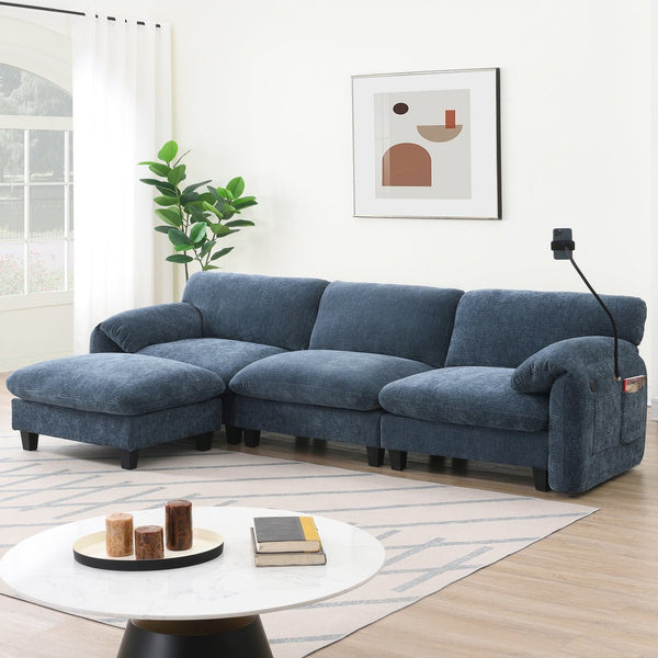 English Elm 108" Modular Sectional Sofa with USB & Type-C Chargers, Phone Cradle, Side Pockets, Movable Ottoman Blue Gray N723S7039C