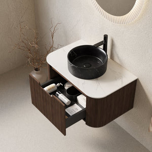 English Elm Muri Floating Bathroom Vanity Plywood Cabinet Sintered Stone Top Oak Drawer Black,Carrara White,Walnut W2615S00711