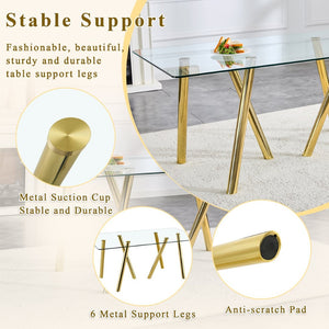English Elm 71-inch Tempered Glass Dining Table Electroplated Metal Base Open Airy Modern Style Gold W3875S00006